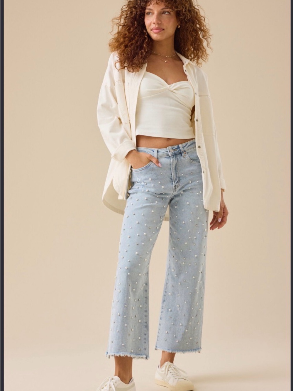 Altar'd State Light Wash Pearl-Embellished Wide-Leg Jeans